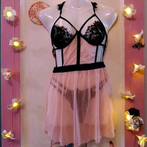 Peach and Black Lace (S) Lingerie Babydoll Set - NWOT